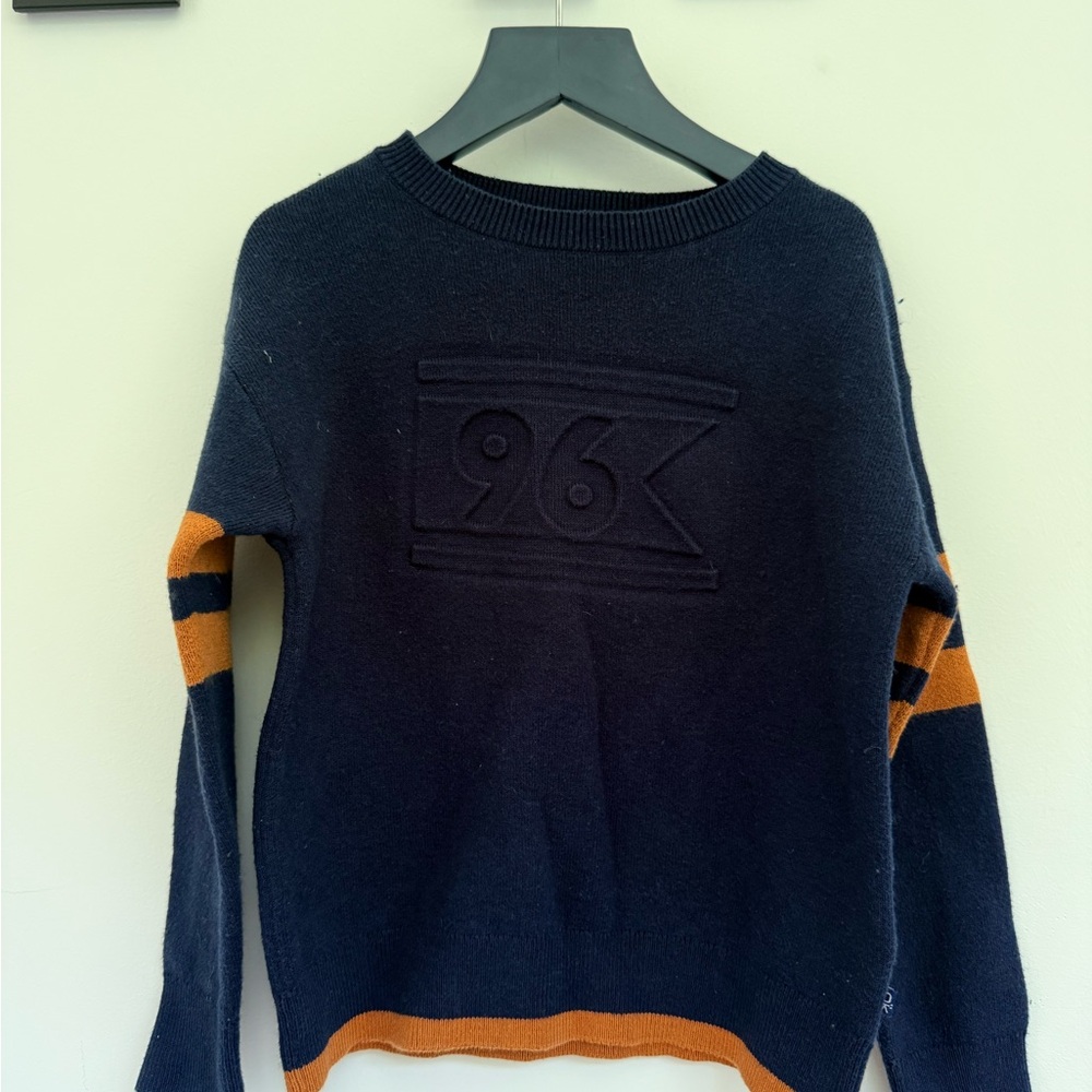Okaidi Navy Knit Sweater with Raised '96' Logo and Orange Trim